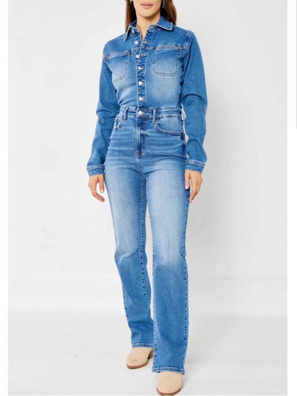Judy Blue Medium Wash High Waist Denim Long Sleeve Jumpsuit
